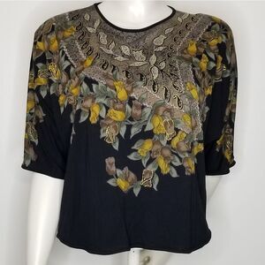 Womens Three-Quarter Sleeve Floral Print Black Gold Metallic Crop Top Size M/L